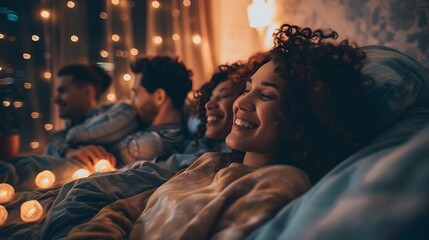 Fototapeta premium Friends Enjoying a Cozy Movie Night at Home with Snacks and Blankets