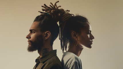 A striking portrait of a man and woman standing back-to-back, highlighting their unique hairstyles and expressions, set against a minimalist background.