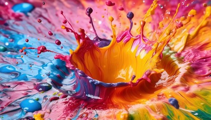A high-speed capture of vibrant paint splatters in various colors, colliding and mixing together. The dynamic motion is frozen, showing intricate details and textures.