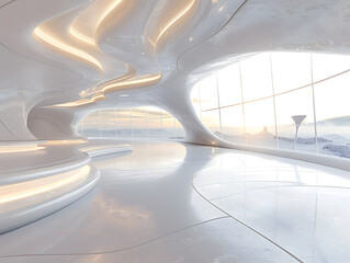 a modern interior design of a building with curved and reflective surfaces. The lighting and glass elements create a futuristic ambiance.