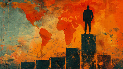 Fototapeta premium Businessman on Rising Bar Graph with World Map Background