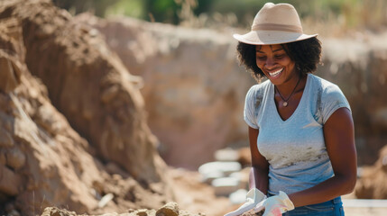 Fototapeta premium A cheerful woman in a straw hat and gloves is working diligently at an archaeological site, surrounded by earth and excavation tools on a sunny day.
