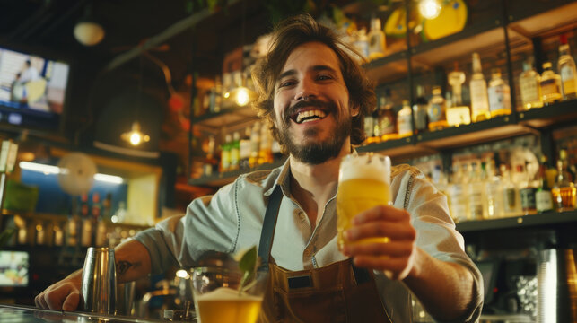 A friendly bartender sporting a warm smile offers a glass of frothy beer at a cozy, inviting bar.