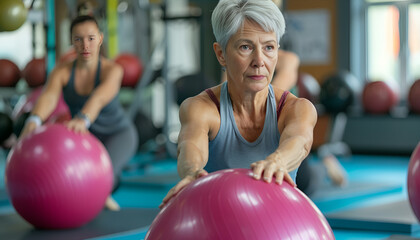 Active mature woman doing exercises with pilates ball during group training at gym indoor