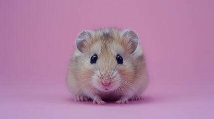 A curious hamster peeking out from a solid lavender pink background with space above for text