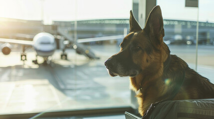 A German Shepherd patiently sits by the window at an airport, the gentle morning sunlight casting a warm glow on its watchful face.