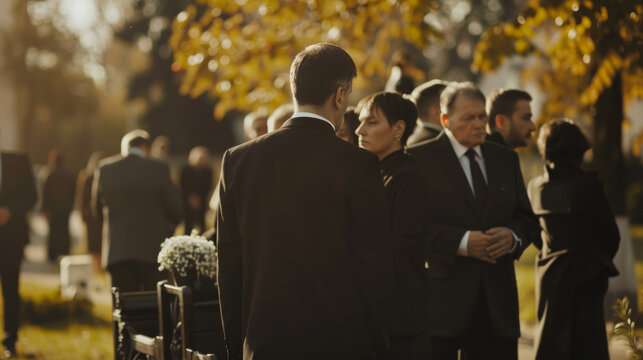 A group of people in a sunlit park attends a serene fall funeral service, enveloped in autumn colors and a reflective mood.