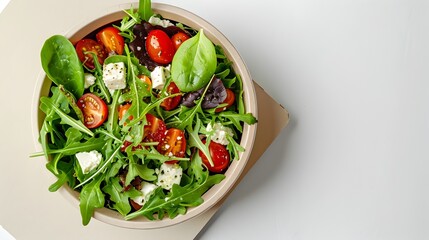 Overhead View of Takeout Salad Box with Vibrant Greens and Feta Cheese