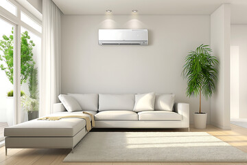 Fototapeta premium Energy-Efficient Air Conditioner in Modern Living Room, Stylish Home Interior with Comfortable Climate Control, Contemporary Design for Residential Spaces