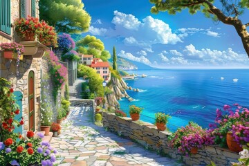 Picturesque Italian coastal village with colorful flowers and scenic sea view under a sunny blue sky - Generative ai