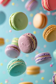 many colorful pastel Macarons floating and falling wallpaper on soft blue background, french sweets 