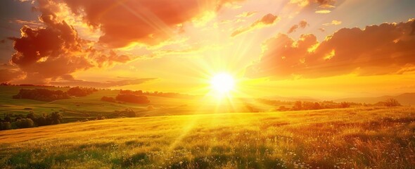 Radiant sunset casting warm hues across a serene countryside landscape with dramatic clouds and sun rays - Generative ai