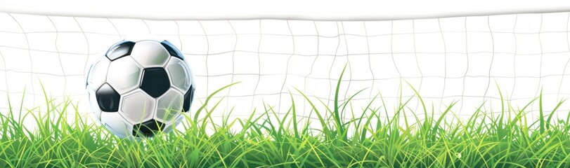 Soccer ball flies into the goal net against a white background with green grass, capturing the moment of scoring - Generative ai
