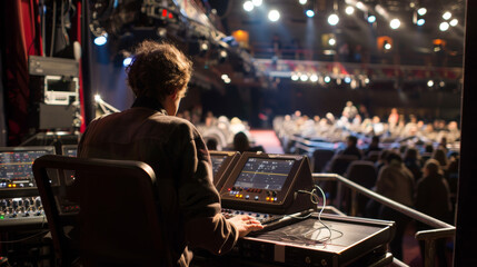 Obraz premium A sound technician operates a control panel at the back of a dimly lit auditorium full of people, ensuring that the audio for a live performance runs smoothly.