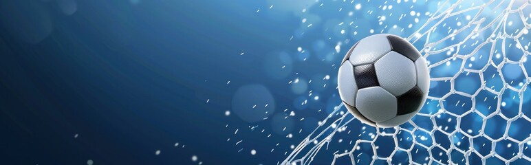 Fototapeta premium Soccer ball flies into the goal net against a blue background in a vector style, capturing the excitement of scoring - Generative ai