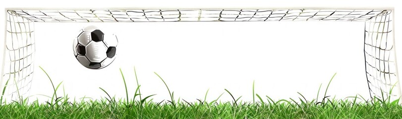 Soccer ball flies into the goal net against a white background with green grass, capturing the moment of scoring - Generative ai