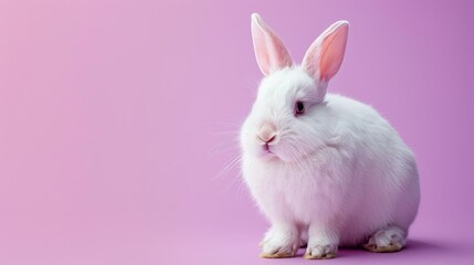 Obraz premium A cute white rabbit on a solid lavender background with space above for text