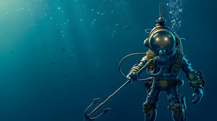 3D character diver with a trident on a deep blue ocean background 