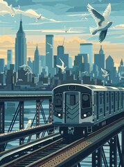 Naklejka premium illustration of an electric train crossing a bridge with city skyline and seagulls in the background Generative ai