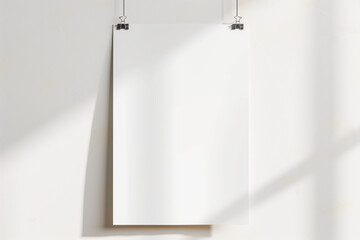 Realistic A4 paper blank poster hanging on paperclip on white wall. Realistic mockup