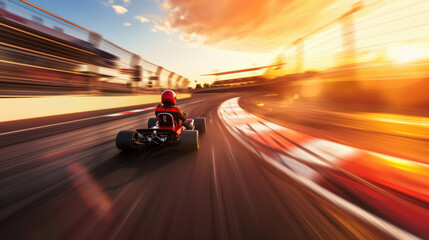 A go-kart racer speeding through a track under a vibrant sunset sky, capturing the thrill and adrenaline of the race.