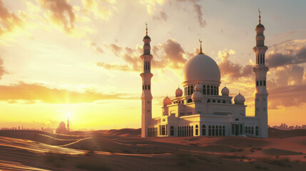 A grand mosque stands majestically at sunset in the desert, its elegant minarets silhouetted against the vivid sky with city buildings visible in the distance.