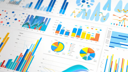 A vibrant collection of colorful charts and graphs on a white background, exemplifying diverse statistical data and analysis in a visually engaging format.