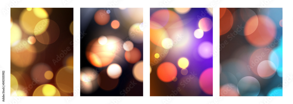 Poster Bokeh lights. Set of abstract defocused backgrounds. Vibrant blurred light effect. Graphic templates for festive greeting cards, flyers and invitations. Vector illustration.