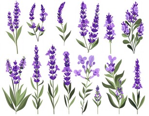 Fototapeta premium illustration of lavender flowers set on white background, elegant and soothing botanical design Generative ai