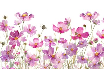 Watercolor cosmos flowers field border on white background, vibrant and delicate floral design for spring themes Generative ai