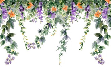 Watercolor hanging floral garland with greenery and purple flowers, elegant and whimsical botanical design Generative ai