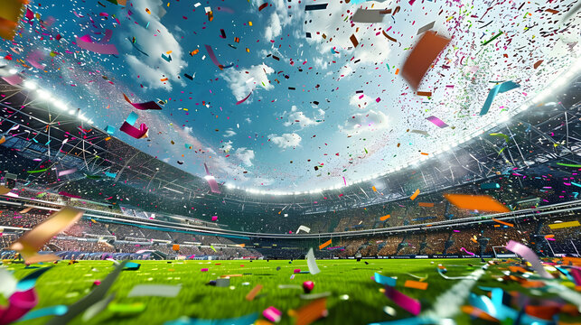 A sports stadium filled with confetti falling on the green field, under a bright sky with a cheering crowd - Powered by Adobe