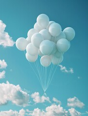 Fototapeta premium An illustration of an amount of white gas balloons that are not tethered and floating in the air, surrounded by some magnificent scenery and clouds.