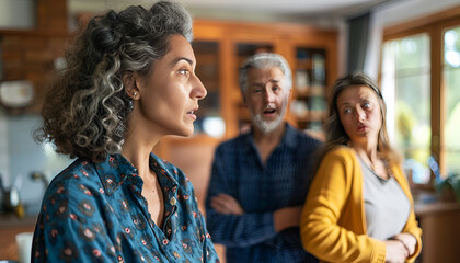 Obraz premium Woman ignoring her husband and mother-in-law standing behind and arguing with her at home