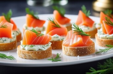 Mini sandwiches with cottage cheese, salmon and herbs on a white plate. Snack for dinner. Restaurant concept.