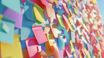 A vibrant wall covered with numerous colored sticky notes, each depicting a burst of creativity, ideas, and collaborative energy.