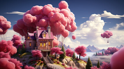 scary vintage house photorealistic clouds pink ballons fly ,red yellow 