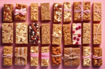 Fototapeta premium View from above. Lots of granola bars with cereals, nuts and dried berries on a pink background.