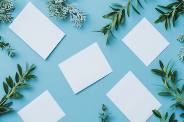 Flat lay top view of blank stationery items arranged in a symmetrical pattern on a calming blue background, adorned with green foliage for a serene atmosphere. The minimalist aesthetic and mockup