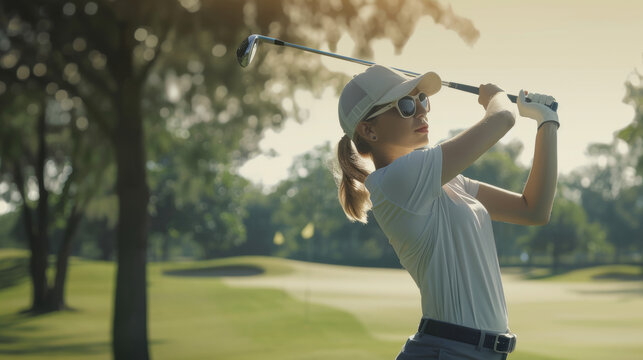 A golfer dressed in white, in action on a sunny course, striking the ball with expertise and focus amidst lush greens.