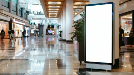 A brightly lit shopping mall with a large blank digital display board, inviting passersby into a modern, bustling commercial space.