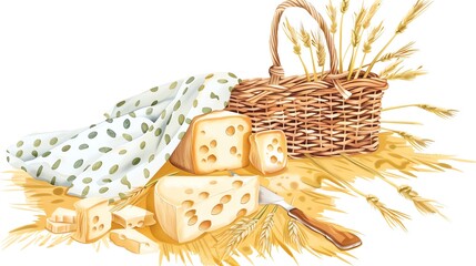 Countryside picnic with cheese and barley, flat design, front view, relaxation theme, 3D render, complementary color scheme