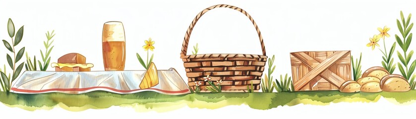 Malt beside picnic basket, outdoor setting, flat design, front view, rural theme, cartoon drawing, split-complementary color scheme