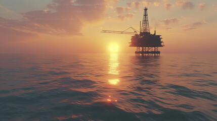 An offshore oil rig silhouetted against a stunning sunset, creating a dramatic and serene oceanic scene.