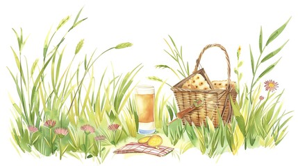Obraz premium Malt enjoying outdoors, picnic basket nearby, flat design, side view, countryside theme, water color, complementary color scheme