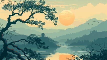 A vector illustration of a Chinese landscape, designed in the traditional style of ancient Chinese paintings.





