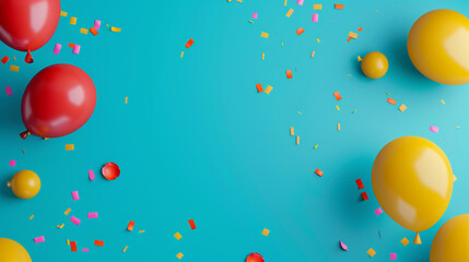 Fototapeta premium A festive scene with an assortment of colorful balloons and confetti strewn across a bright turquoise background.
