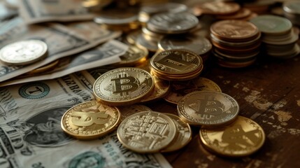 An image of an assortment of physical cryptocurrency coins and paper money, comparing traditional and digital currencies. --ar 16:9 --quality 0.5 Job ID: 4e2c8085-c9c9-4c2c-ac27-b1225c72eadf