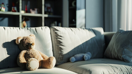 A soft teddy bear rests on a sunlit couch, with a cozy modern living room in the background.
