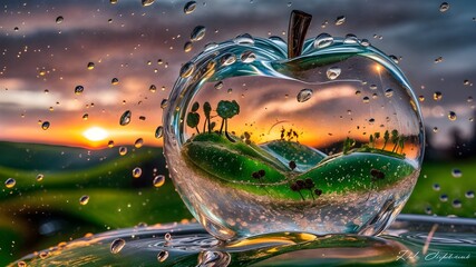 A heart shaped water droplet sits on a window sill with the sunset in the background.